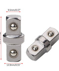 Pair of chrome-plated 3/8-inch socket sleeve adapters with double-ended hex connectors for square drive, front view