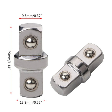 Pair of chrome-plated 3/8-inch socket sleeve adapters with double-ended hex connectors for square drive, front view