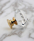 Diamond Cut Crystal Cabinet Knobs, 6 Pack 30mm Drawer Pulls, Gold Plated Base, close up showing geometric glass design.