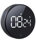 Magnetic Digital Kitchen Timer With LED Display And Alarm Battery Powered Stopwatch for cooking, black round design with grip.