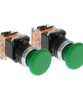 Green Emergency Stop Push Button Switch 22mm Mushroom Head Spring Return 2-Pack with flat round head for industrial use.