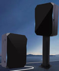 Locking EV Charger Weatherproof Enclosure With Mounting Post showing a black steel cabinet and post in outdoor setting.