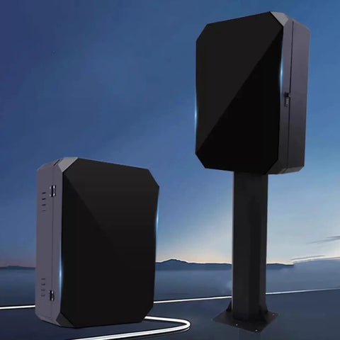 Locking EV Charger Weatherproof Enclosure With Mounting Post showing a black steel cabinet and post in outdoor setting.