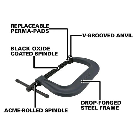 Beefy C Clamp With Four And A Quarter Inch Opening And Three And A Quarter Inch Throat, 6200 Lb Clamping Force, Drop-Forged Frame, Smooth ACME Spindle, V-Groove Anvil, Black Oxide Finish, Model 404 shown with drop-forged steel frame