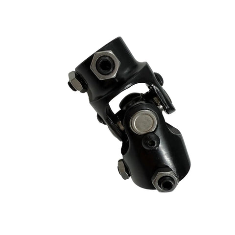 Black U joint from Rattling Free Universal 36 Inch Steering Shaft Support Kit with solid steel for GM truck mods.