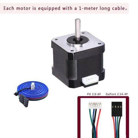 Beefy Torque Stepper Motor With 1m Cable for 3D printers, CNC routers, laser engravers, robotics, and mechanical arms, shown with connectors.