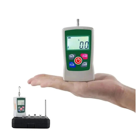 Digital Force Gauge Push Pull Meter With Straight Shot Accuracy And Easy Toggle Modes For Kickin Field Testing across Newton Kilogram Pound and Ounce Units in a compact green portable housing held in hand.