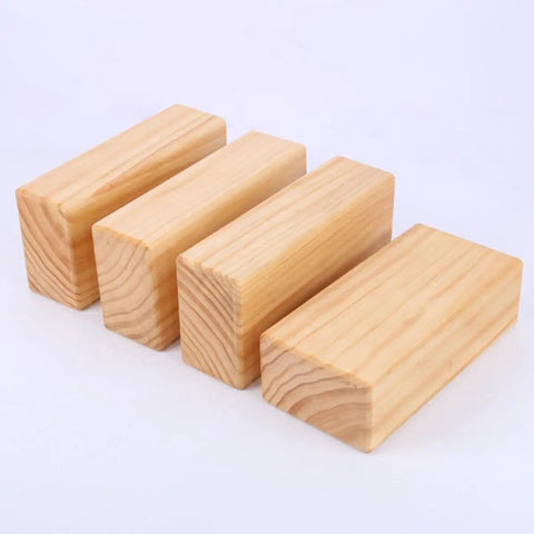 Premium Natural Solid Wood Yoga Block With Rounded Corners And Slick Grip For Legit Balance Training And Killer Flex Stretches And Top Shelf Core Conditioning Sessions, showcasing four blocks in a row.