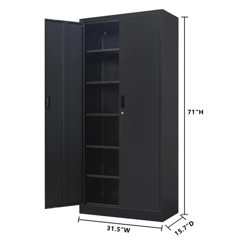 Built Like A Tank 71 Inch Tall Metal Storage Cabinet With Secure Locking Double Doors And Five Fully Adjustable Shelves In Durable Black Finish, side view with doors open.