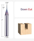 Pro Grade Solid Carbide Down Cut Cnc Router Bit Featuring Rock Solid 1/4 Inch Shank And Precision 1/32 Inch Width showing dimensions and wood cut.