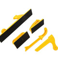 Rock Solid Pro Level Woodworking Push Block And Push Stick Set Five Piece Safety Jig Kit features yellow grips and various shapes for safe cuts.