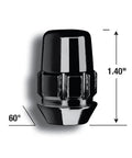 Super Tough Black Chrome Acorn Wheel Locks For 5 Lug Wheels With Half Inch Thread Size, 1.40-inch height, 60° angle view.