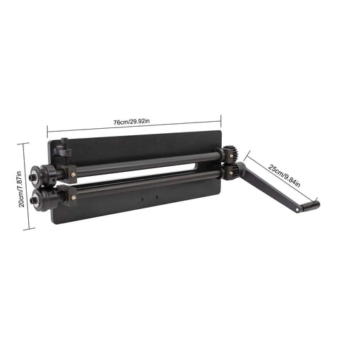 Side view of black hand crank sheet metal bead roller machine with six die sets for fabrication, showing dimensions in centimeters.