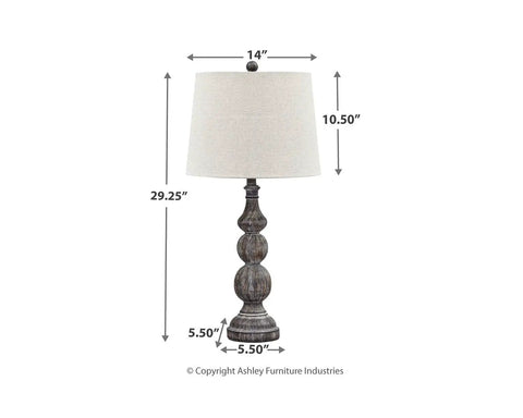 Two Pack Rustic Farmhouse Poly Table Lamps With Gray Finish And Timeworn Look, Polyresin Bases, Modified Drum Shades, Three Way Switches