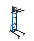 Heavy Duty Steel Hoist Portable Mobile Elevator With Casters raises twenty feet, showcasing sturdy blue frame with wheels.