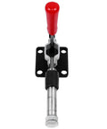 Front view of a Fast Fixture Push Pull Toggle Clamp With 42mm Stroke For Horizontal Clamping, red handle, for industrial use.