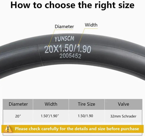 Two Pack Heavy Duty Bike Inner Tubes 20x1.50 1.75 1.90 Fits 38 406 Tires With AV32mm Schrader Valve size chart and tube image