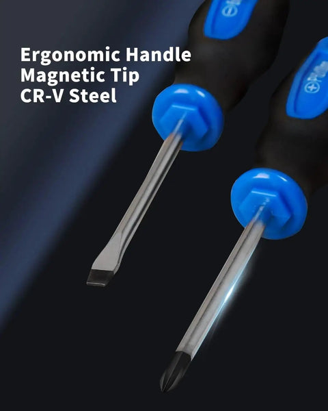 Magnetic Tip Screwdriver Set 6 Pack With Phillips And Flat Bits Cushioned Grip Handles Heat Treated CR V Steel Rust Resistant Anti Cam Out Perfect For Home And Garage Projects close-up showing ergonomic handle and CR-V steel