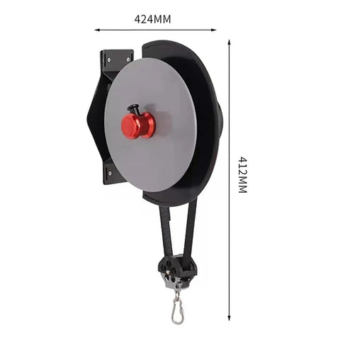 Wall Mounted Flywheel Trainer With Variable Resistance And Auto Retracting Band, 424MM width and 412MM height, mounted for home gym.