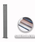 Heavy Duty Built Like A Tank EV Charger Station Box With Weatherproof Rain Shield And Screw Down Ground Mount Cable Manager For Garage Or Parking Lot Easy Hookup In Gray, cold-rolled steel base for durability.