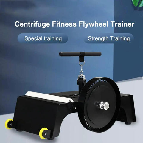 Heavy Duty Flywheel Strength Trainer Featuring Fully Adjustable Resistance For Killer Full Body Pump Sessions And Serious Gym Rat Workouts In Your Solid Home Gym Setup, showcasing a black flywheel trainer with adjustable handles.