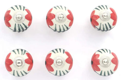 Hand Painted Ceramic Cabinet Knobs Set Of Six Features Dope Red Flower Motif For Dressers And Drawers, showing smooth ceramic surface.