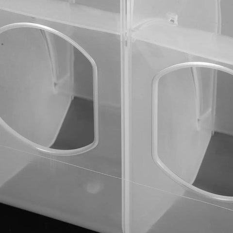 Close-up of 2 Pcs Automatic Hanging Bird Feeder Cups For Small Birds Cage Plastic, featuring anti-spill design and secure latches.