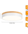 Dimmable Wood Flush Mount Ceiling Light With Round Minimalist Design Five Color Temperatures 2700K To 6000K, LED specs shown.