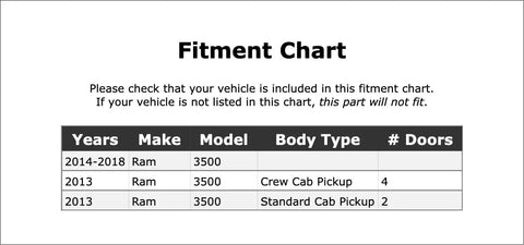 Fitment chart for Heavy Duty Front Wheel Bearing and Hub Assembly for Ram 3500 2013 to 2018 with vehicle compatibility details.