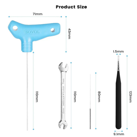 Top Shelf 13 Piece 3D Printer Nozzle Cleaning Kit with Heavy Duty Wrench and Precision Needles including various tools and sizes.