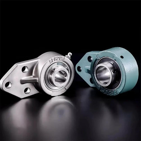 Top Shelf Three Bolt Flange Bearing Unit With Sixty Five mm Inner Diameter And Set Screw Locking on a dark background.