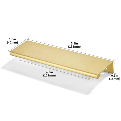 10 Pack Slick Brushed Gold Finger Edge Drawer Pulls Featuring Smooth Hidden Grip And Heavy Duty Zinc Construction For Quick Cabinetry Makeover Includes All Mounting Hardware For Fast Setup, close-up view with dimensions.