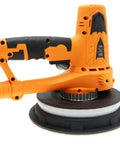 Varsity Grade Adjustable Wall Grinder Hooks Up To Shop Vac For Dust Free Putty Work 750W Motor Zips From 1300 To 2500 RPM showing orange grinder with adjustable handle.