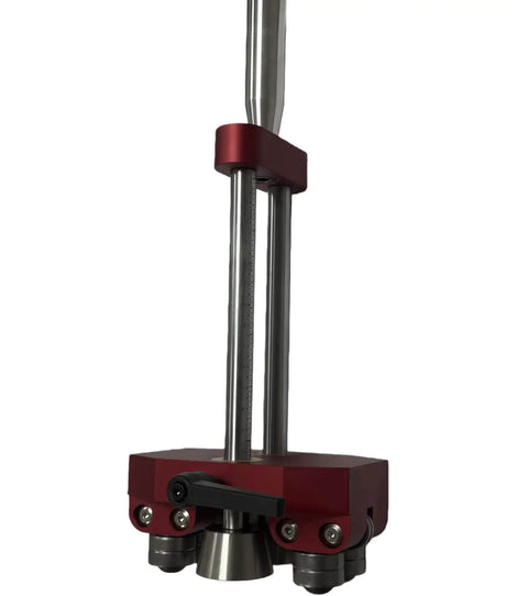 Pro Sheet Metal Roller Bender Tool with red aluminum frame, standing view, six rollers, 0 to 90 degree angle adjustment for roofing projects.