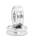 Heavy Duty V Groove Ball Bearings Four Pack Eight Millimeter Bore Sealed Pulley Wheel Rollers For Linear Motion Guides, close-up view of two bearings.