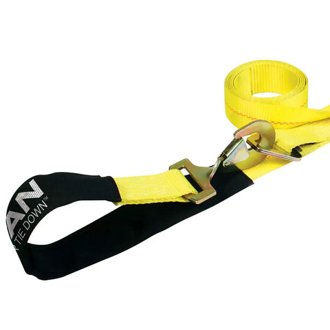 Axle Tie Down Combo Strap Kit 2 Inch Wide Classic Yellow 3300 Pound Safe Working Load with ratchet and loop end detail