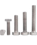 Shop Grade Two Titanium Hex Head Bolts M16 Metric Thread Heavy Duty Fasteners, four varied lengths, durable steel, automotive use.