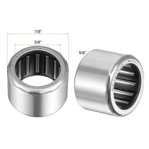 RC101410 One Way Needle Roller Bearing 5 Piece Kit showcasing two bearings 5/8 inch bore and 7/8 inch OD, heavy duty steel design.