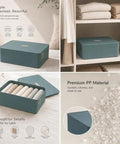 Premium Bra Storage Box With Lid, Elegant Closet Organizer For Lingerie And Underwear in teal, placed on a shelf with neatly rolled items.