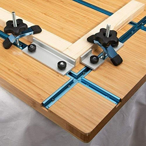 3 Inch T Track Intersection Kit With Predrilled Mounting Holes Do-It-All Universal T Track Accessories For Woodworking Jigs And Fixtures, 4-Piece Set installed on workbench
