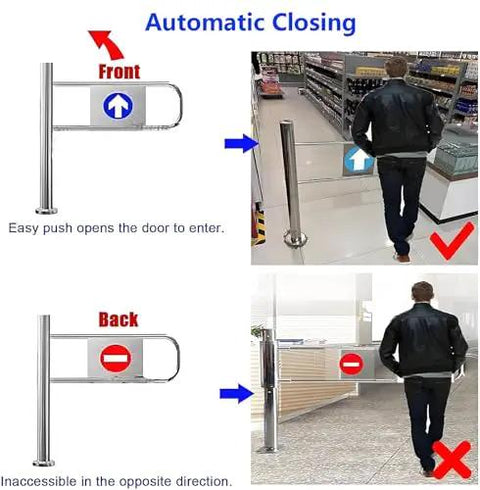 Dang Sturdy Automatic Closing Safety Swing Gate With Heavy Duty Spring Loaded Mechanism And Kickass Stainless Steel Build For Smooth Pedestrian Access At Parks Libraries Or Any Outdoor Spot Measuring 140 X 100 Cm, showing front and back access directions.