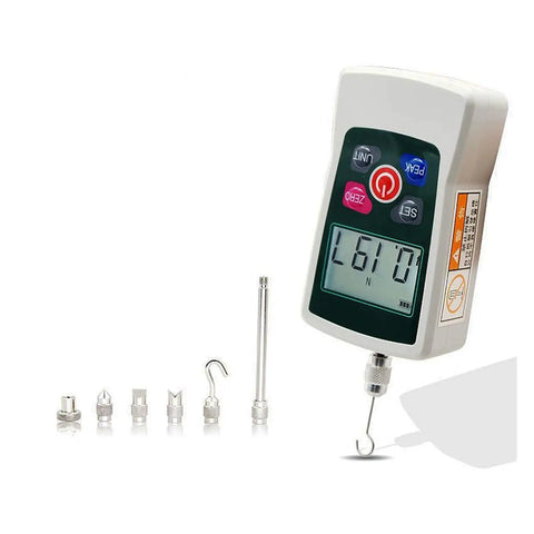 Badass Durable Digital Push Pull Force Gauge Dynamometer With High Resolution Display And Fast Sampling For Super Accurate Tension And Compression Tests Featuring Easy To Read Screen And Portable Design That Makes Heavy Lifting Measurements Feel Like A, showing gauge with attachments.