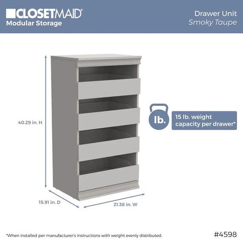 Super Slick Modular Closet Storage Organizer With Four Stackable Drawers In Taupe showing dimensions and 15 lb weight capacity per drawer.