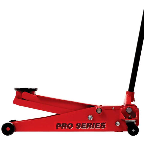 Heavy Duty Hydraulic Low Profile Floor Jack With Dual Piston Quick Lift Pump And 3.5 Ton 7000 Lb Capacity side view in red.