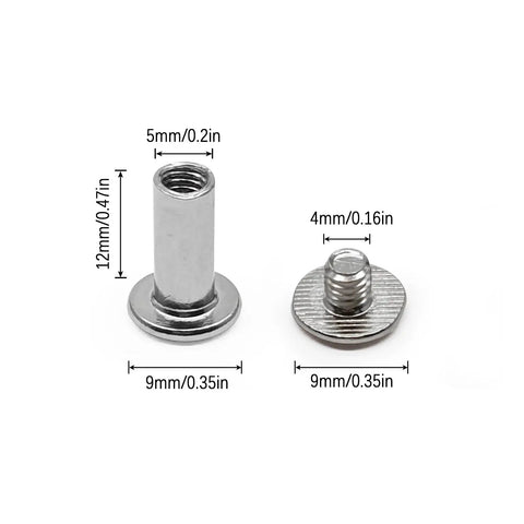 Heavy Duty Nickel Plated Binding Screw Posts Chicago Barrel Screws Bulk Kit 40 Piece For Leather Crafting Bookbinding And Wallet Repair Super Snug Fit Hella Smooth Operation, shown in 12mm length.