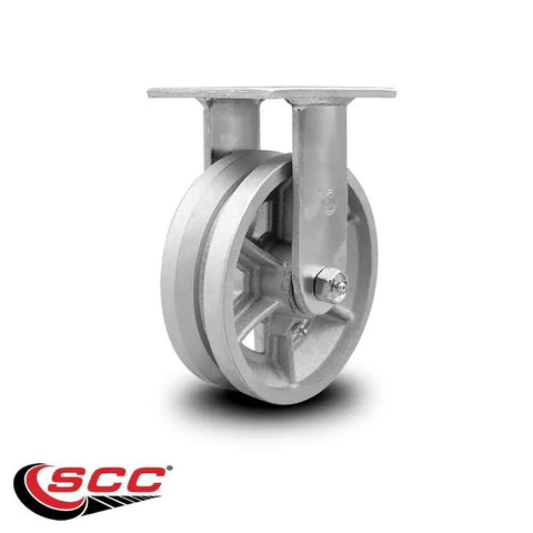 Badass Heavy Duty Rigid Top Plate Caster With 6 Inch V Groove Semi Steel Cast Iron Wheel And Precision Bronze Bearings Handling A Beast Mode 1200 Lb Industrial Load, showing a detailed view of the steel plate and wheel.