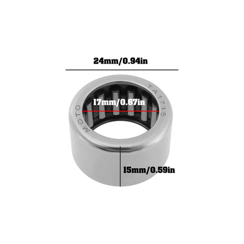2 Pcs TA1715Z Needle Roller Bearings 17mm By 24mm By 15mm Precision Steel Bushings, close-up view with measurement markings.