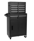 Massive Rolling Tool Chest Cart with Double Doors and Detachable Workbox featuring five deep drawers and spacious top compartment.