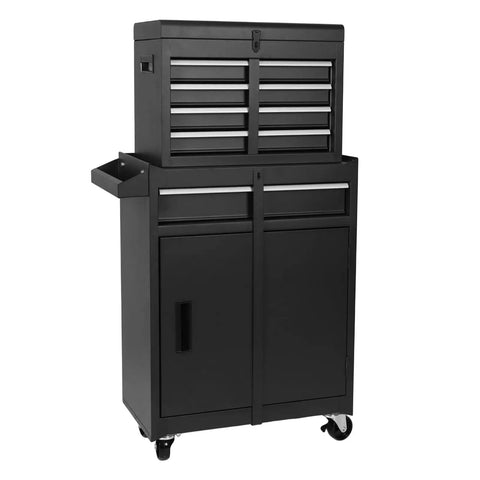 Premium Heavy Duty Rolling Tool Cabinet With Adjustable Shelf For Shop Floors Delivers Beast Mode Organization Featuring Mega Capacity Five Deep Drawers And Lower Storage Cart, black steel design with drawers.