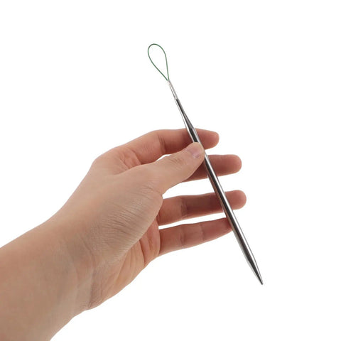 Five Piece Elastic Waistband And Drawstring Threader Set Made From Durable Steel For Dope Effortless Threading In Hoodies Bags And Garments Perfect Tool For Quick Drawstring Insertion And Easy Elastic Band Repairs, steel threader held in hand